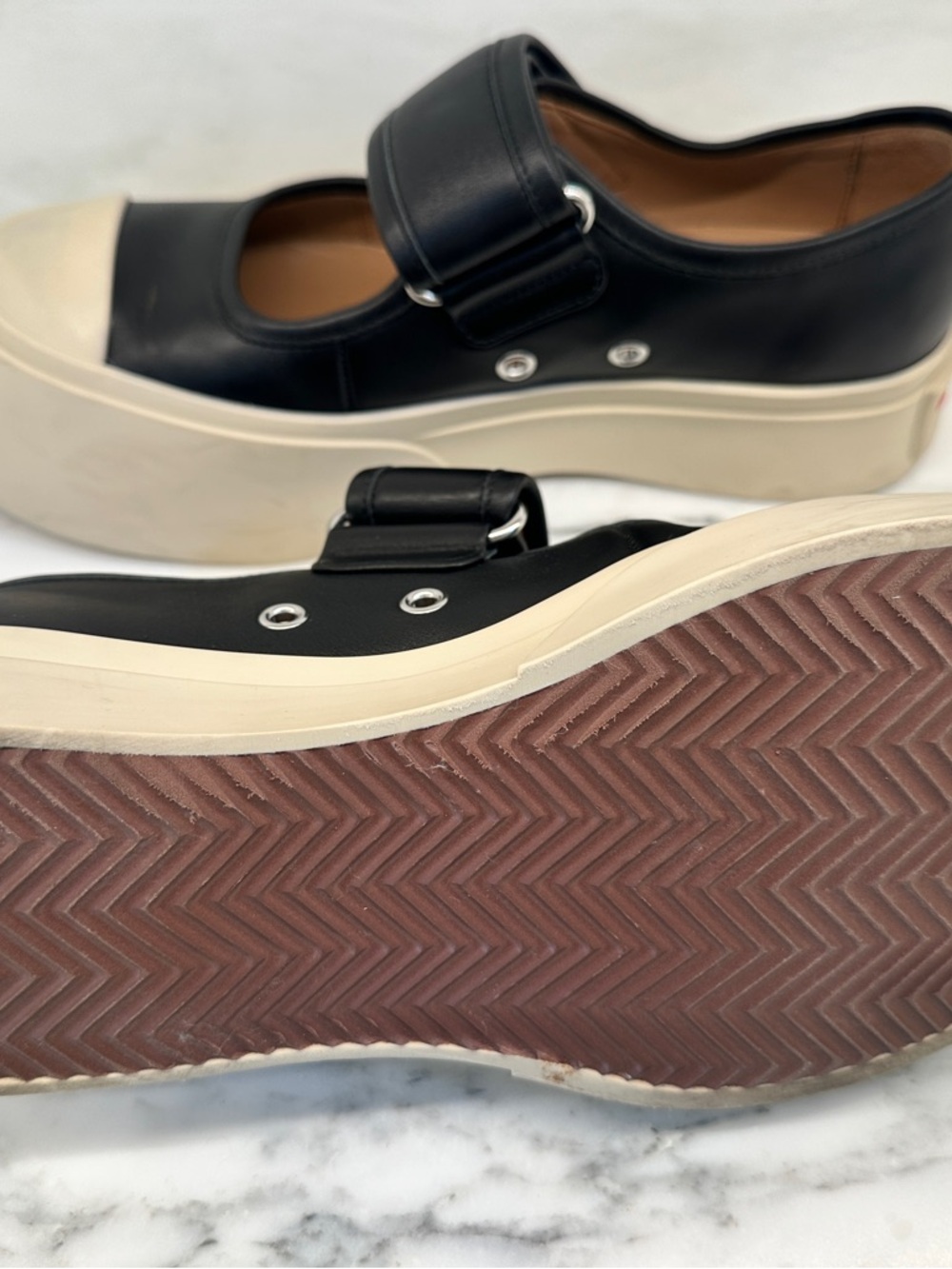 MARNI women’s Black Leather Mary Jane Sneaker with White Platform Sole. - Picture 5 of 11